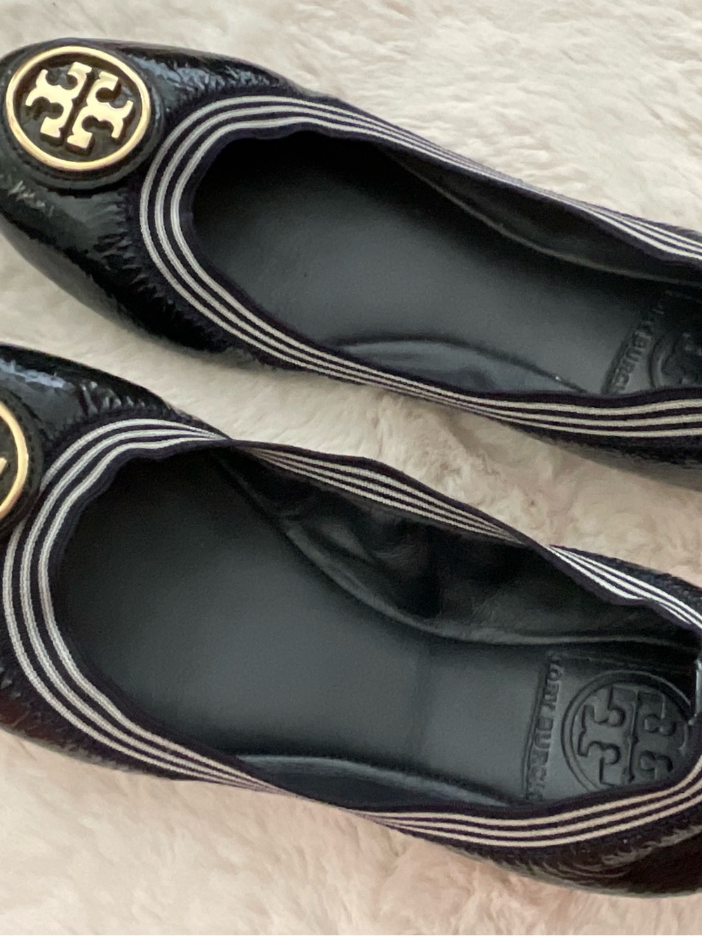 Tory Burch Black Leather Ballet Flats with Gold Logo Trim
